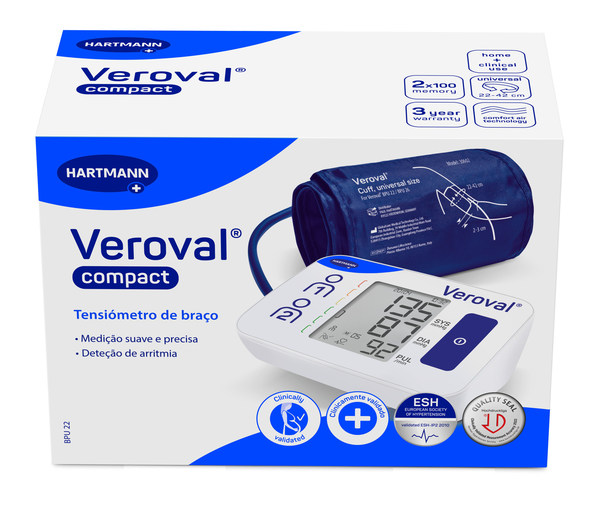 Tensiómetro VEROVAL compact, de braço, com braçadeira (22-42cm) - 1 tensiómetro